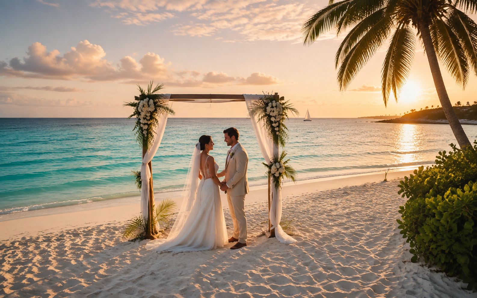 Elegant Caribbean destination wedding ceremony beside the ocean