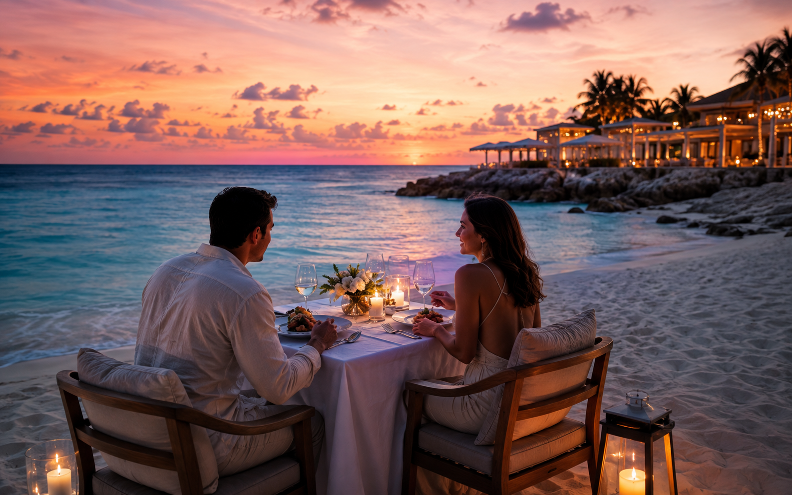 Romantic Caribbean honeymoon dinner at a beachfront resort
