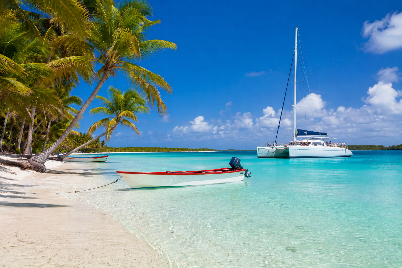 Saona Island in the Dominican Republic with a catamaran and tropical boats